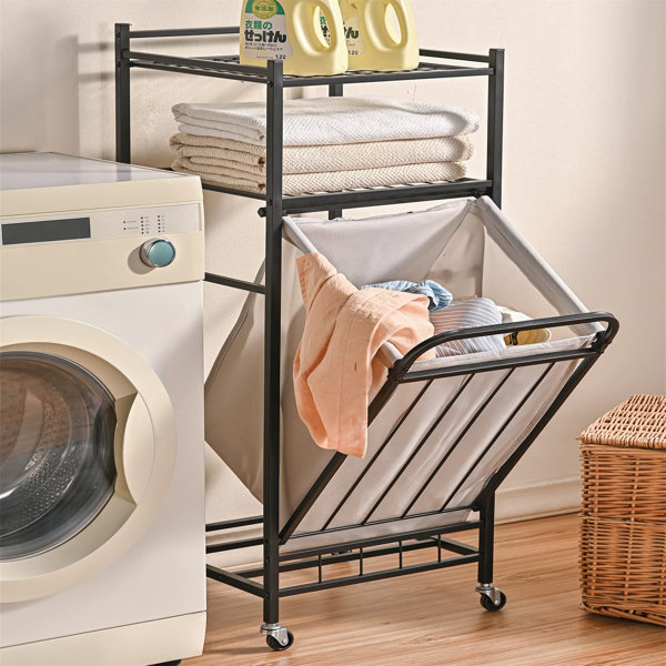 Tilting Laundry Hamper With Shelves Locking Wheels 65L 15.8L X 15.8W X 40H Inches